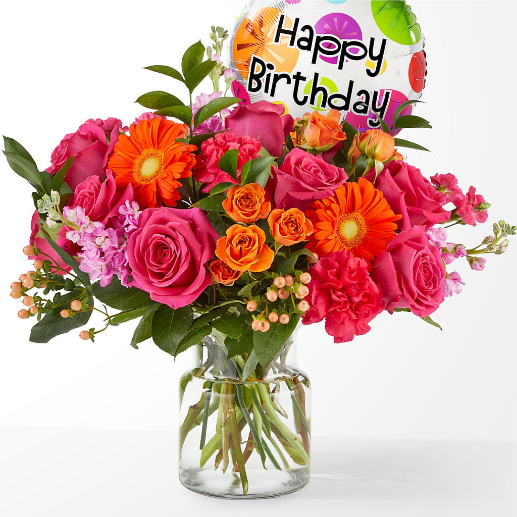 Fiesta Bouquet with Birthday Balloon – The Andes Flowers Llc, Fort Myers FL