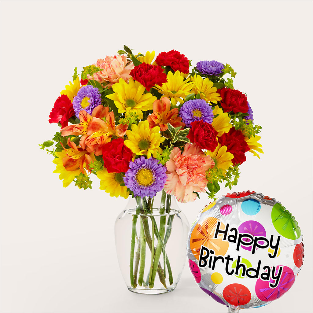 Kaleidoscope Bouquet with Birthday Balloon – The Andes Flowers Llc, Fort Myers FL